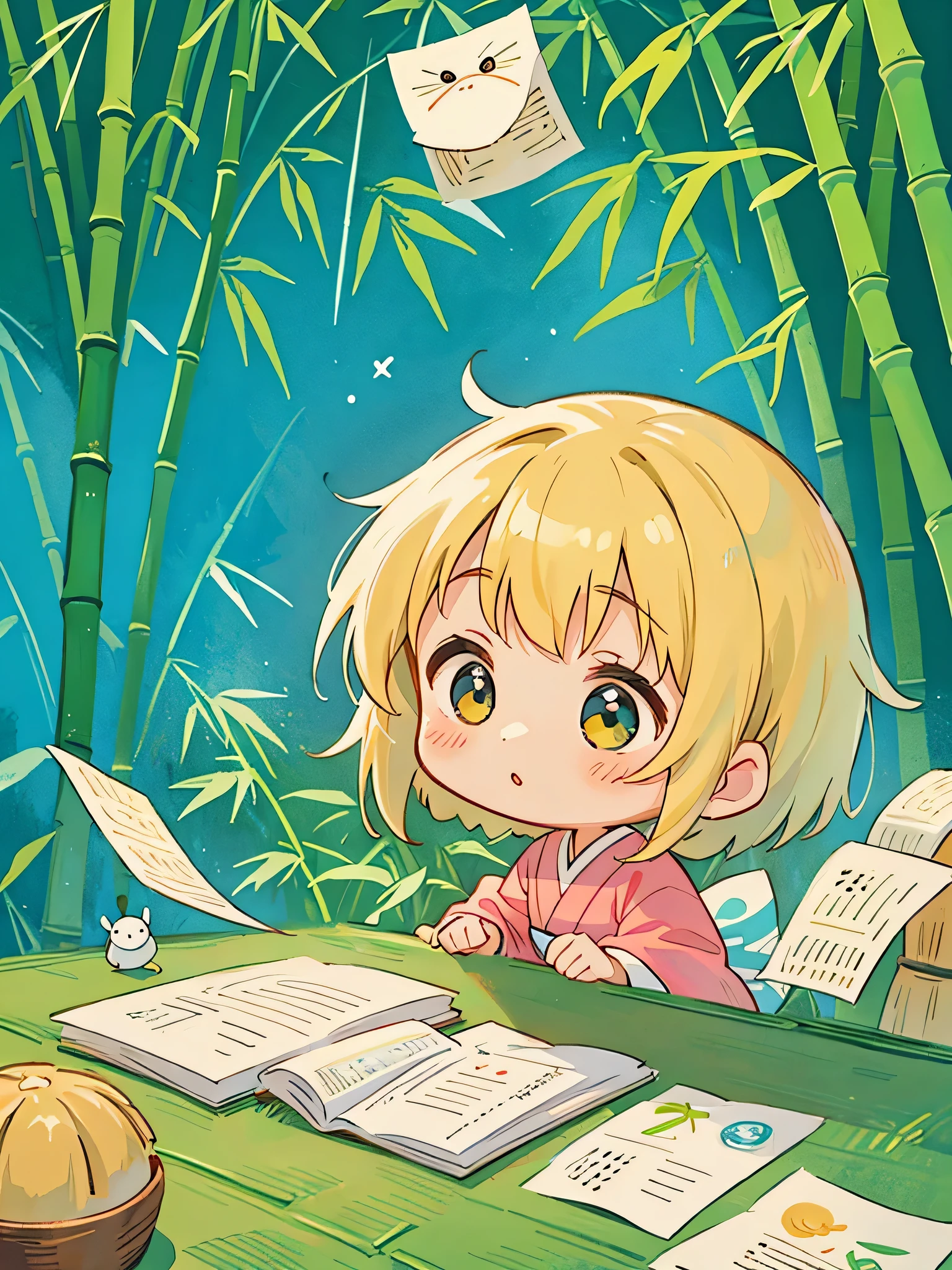 Hayao Miyazaki style、Kawaii Design, The most beautiful girl of all time、chibi, tanabata, (((Bamboo))), (((strip of paper)))