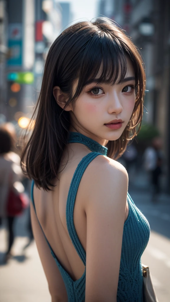 NSFW、1人、on tokyo street、A city scape、Downtown at night、neons、The signboard is dazzling、The upper part of the body、a closeup、a smile、、(8K、Raw photography、top-quality、masterpiece:1.2)、(realisitic、photoRealstic:1.37)、Highly detailed eyelash drawing、(((Top image quality))),Colossal tits、slender。Fine skin, (Beautiful hair), (Perfect Anatomy), (Realistic),Sensual look、top-quality、hight resolution、(((full bodyesbian)))、Denim tight shorts、Short T-shirt with a visible stomach、(high-heels)