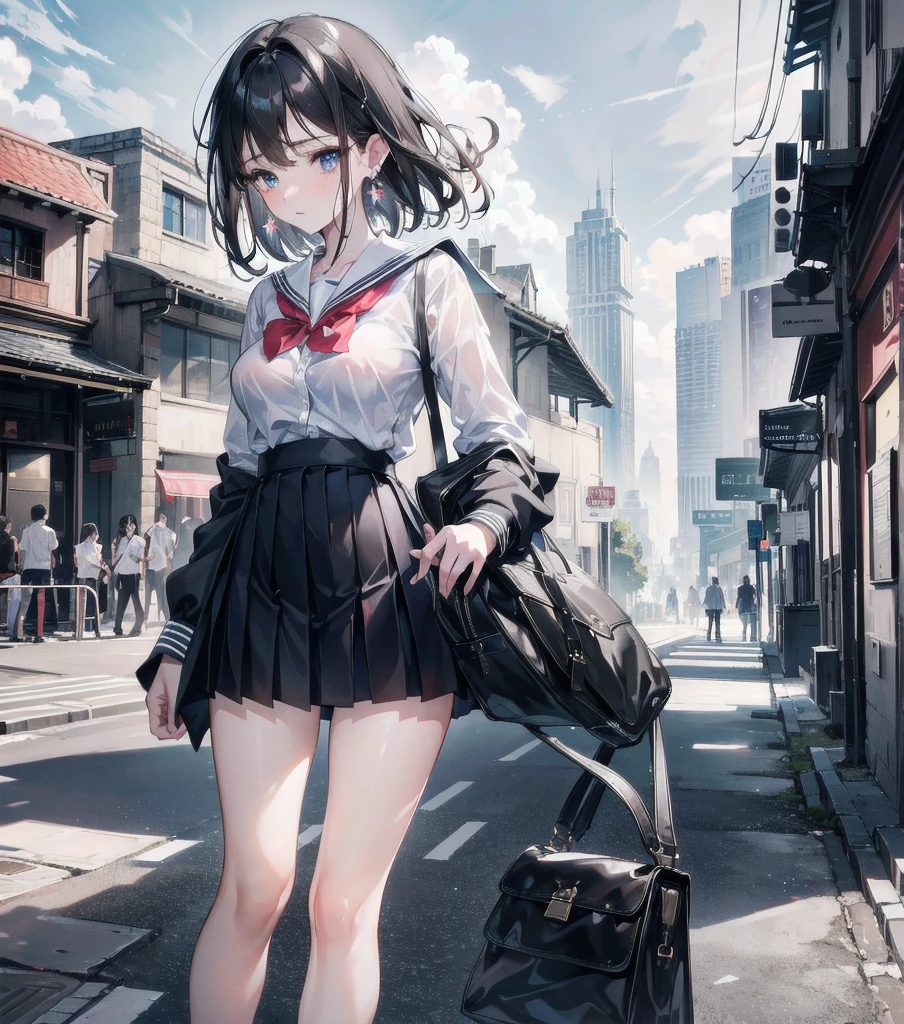 full body, delicate facial features, big tits, medium hair, black hair, tearful mole, earring, school_uniform, summer shirt, skirt, sleeveless,
