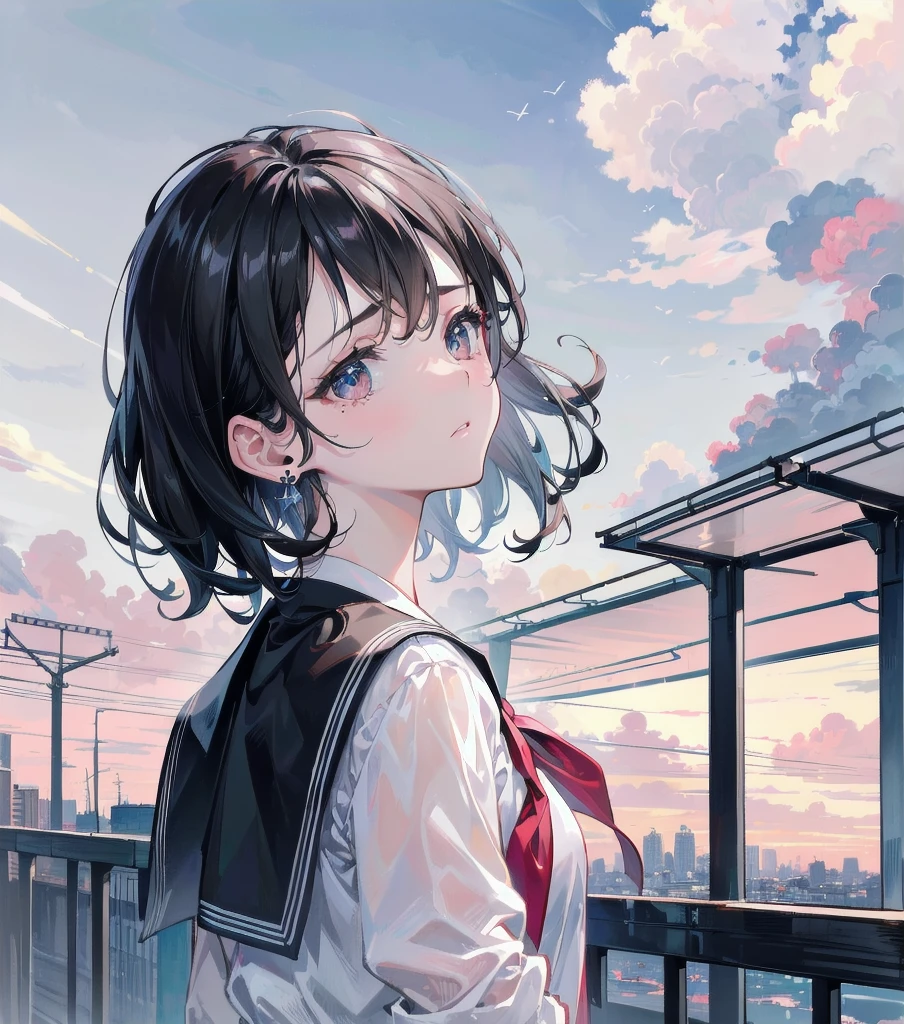 absurdres, RAW photo, extremely delicate and beautiful, masterpiece, Best Quality, ultra high resolution, 32k, hyperrealistic, ultra-detailed, in her 20s, delicate facial features, tearful mole, earring, medium breasts, full body shot, shorter middle hair, black hair, ((school uniform)), Sky, Clouds, Architecture, Science Fiction, Cities,