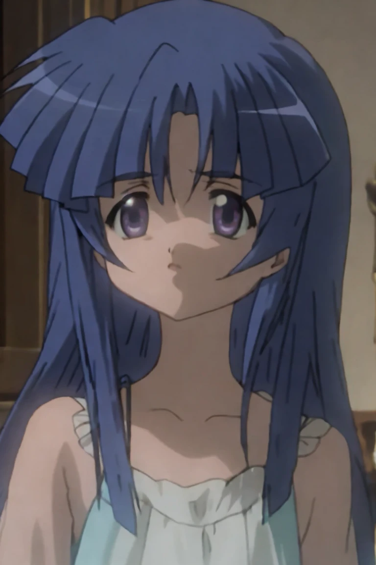 One girl,Furude Rika,White view,(masterpiece、Highest quality),Deep blue hair,Purple Eyes,,Big Eyes,bangs,White dress,camisole,