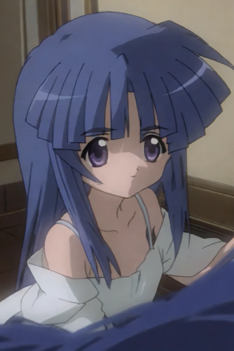 One girl,Furude Rika,White view,(masterpiece、Highest quality),Deep blue hair,Purple Eyes,,Big Eyes,bangs,White dress,camisole,