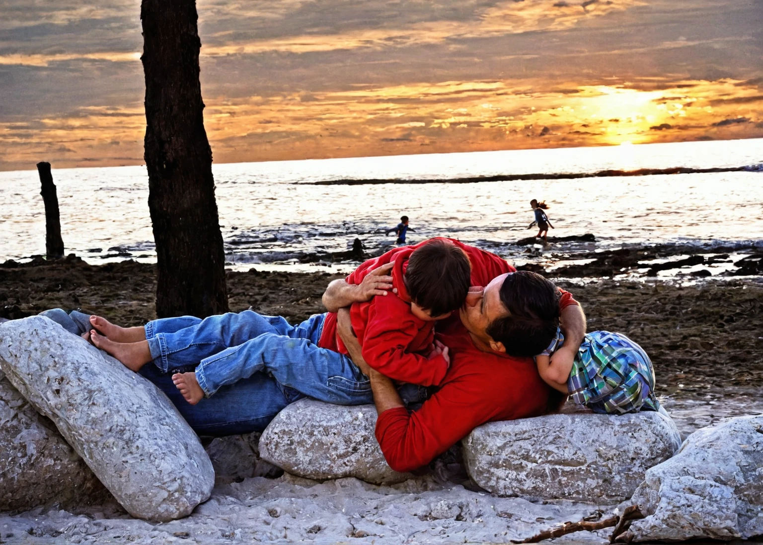 Under the sunset，A father and son，depend on each other，
