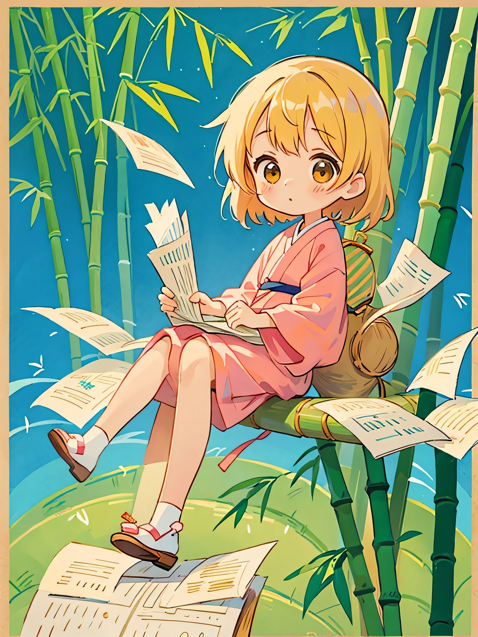 Hayao Miyazaki style、Kawaii Design, The most beautiful girl of all time、chibi, tanabata, (((Bamboo))), (((strip of paper)))