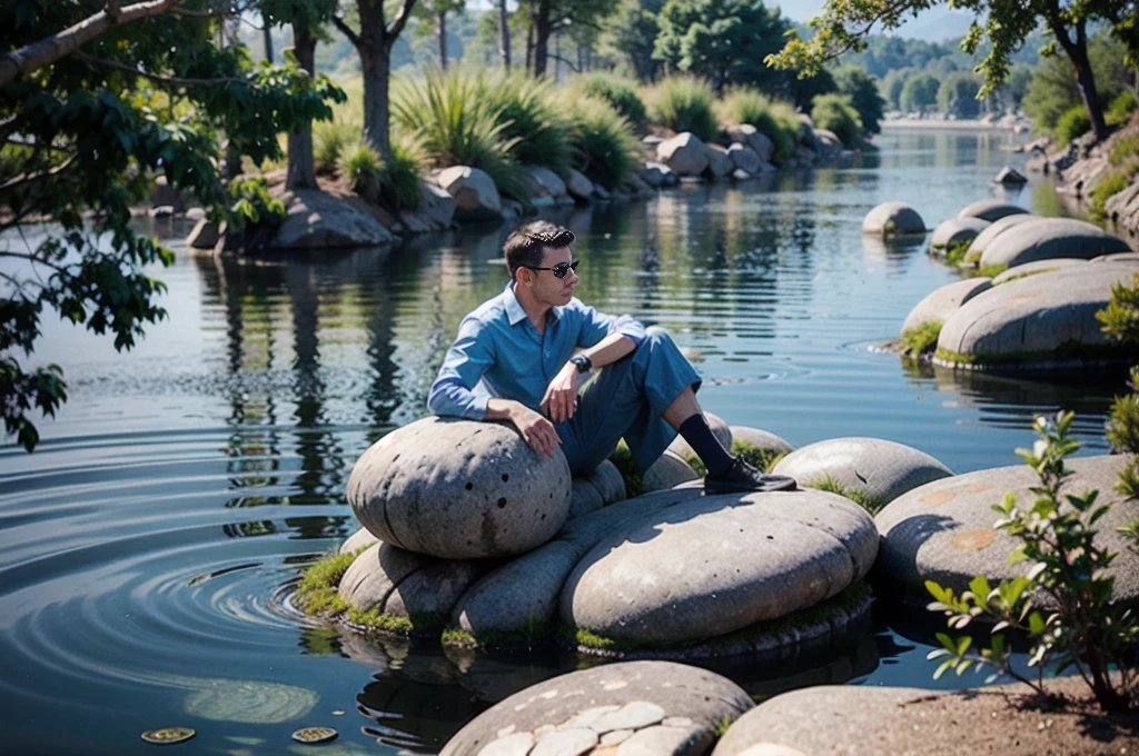 (High quality, super high detail, 42-year-old Chinese man, dressed in black, smooth skin, pores clearly visible) in an image of Takeshi, the protagonist, sitting on the edge of a serene stream in Mizukura, the Japanese village, reflecting on life and loneliness.