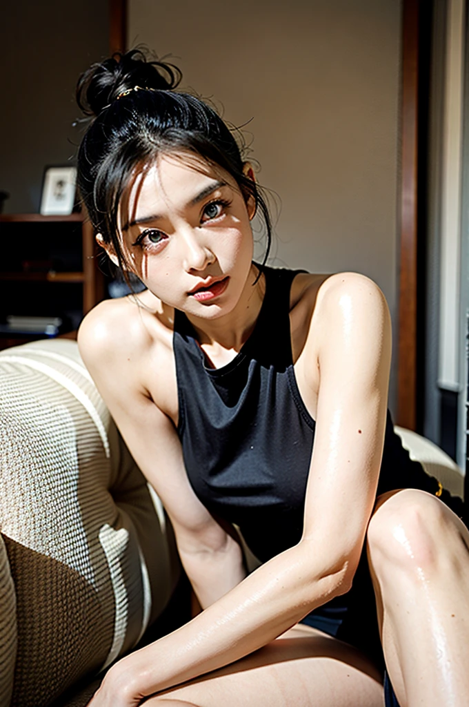 Describe a sexy married woman。She has black hair and big 、She is wearing a short skirt with a slit。She's wearing a sexy open-necked shirt.、The appearance is captivating and elegant。