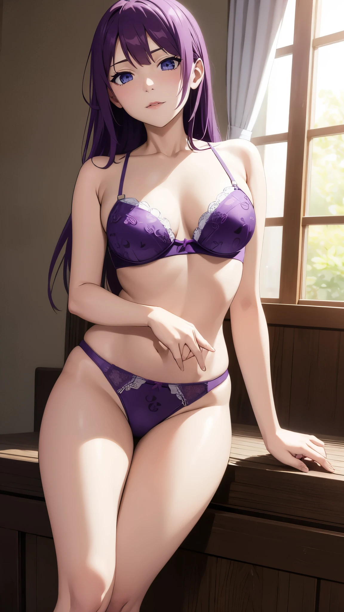 Sakuramori Kaori、Purple bra、Purple panties、garter belt