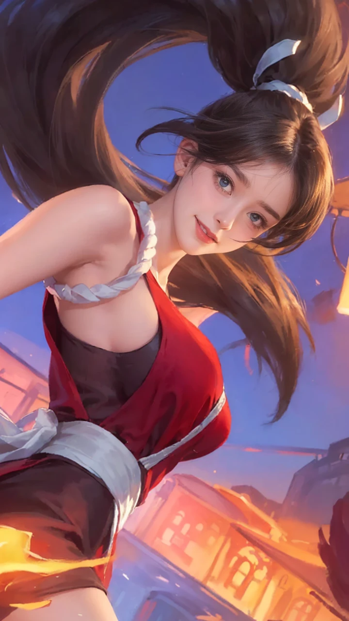 (A hyper-realistic)、(illustratio)、(hight resolution)、(8K)、(ighly detailed)、(Best Illustration)、(beautifully detailed eyes)、(top-quality)、(Ultra-detail)、(masterpiece)、(wall-paper)、(A detailed face)、solo、1 girl in、looking at viewert、fine detailed、A detailed face、in the darkness nigth、deep-shadows、lowkey、pureerosfaceace_v1、A smile、long、Black shawl straight hair、46-point diagonal bangs, (silk dresses、long skirt)(off shoulders)View of the castle、、Stand against the wall