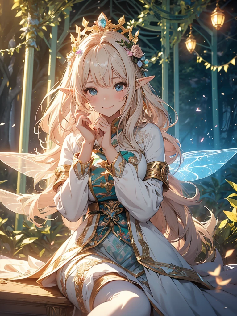 最high quality、1woman elf 、Beautiful foam、、CourtyardShining fairy wings、E.G: Worst quality ,Flower fractal art　　、see-throughbodystocking,Beautiful side shot, radiance,High-definition depiction, Realistic, 8K, Unity, beautiful Shot, light smile, Beautifully and vividly drawn, , Beautiful, beautiful, clear skin、sexly,beautiful dress,Countless rays of light pouring down, Swirling Light, big background, Raise one arm above your head, Intense light is emitted from the magic circle in front of the girl.   forest、Lots of leaves、Green leaves、flower、Particles of light、Bedroom at night、Magic Palace、Fairy tale、
Romanticism,Cowboy Shot: The most beautiful form of chaos, Mr..々Farbe, Intertwined flowers, Particle,magical gentle light,smile,sexly,image quality、masterpiece、Beautiful Face、Super beautiful elf woman((Big breasted 22 year old office lady、Bust 100,Beautiful long ironed hair 、bionde hair,height: 165cm。、sexly、Esbian、、high quality、、Visual art、Written boundary depth、、Elf Ears、、universe、Happy smile、Gentle light、Elf forest、elegant、ticker beautiful decorative、、magic、forest、beautiful tiara、Beautiful bed、Beautiful Landscape、A kind smile、wonderful、Fluttering petals、Dance happily、、Cultivate fantasy、、Mystery light　Lots of flowers、、art、forest, palace, art,mystery,Ultra-high resolution,atmosphere A colorful and dreamy anime-style illustration of a young girl with beautiful hair, sitting amidst a vibrant, mechanical landscape. She is wearing a casual outfit with mechanical leg armor, surrounded by a kaleidoscope of colors and glowing lights. The background is filled with whimsical details and a magical atmosphere. --ar 3:4 --style raw --stylize 600 --niji 6