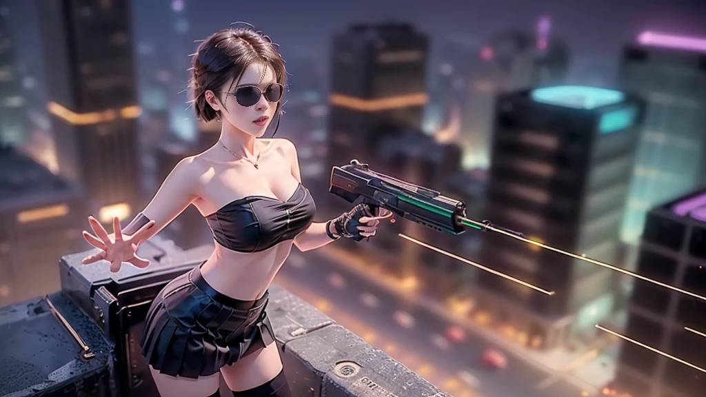 (aerial view). at night, futuristic sci-fi cyberpunk city, broad viaduct, skyscrapers at the end of the viaduct, the movie "13th Floor" style, hq. Matrix style, at night, (1girl, solo), photo realistic, (large-breast:1.2 slim body, cleavage:1.3), (((tube top, extreamly short pleated (((miniskirt))) exposing panty))), (((((matrix style black sunglasses))))), (((((aiming at camera with a (pistol)))))), (((half-body (thigh level) medium shot))), (cinematic lighting).