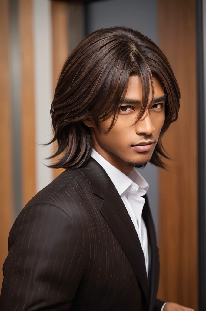 (((Brown skin))),(((male))),(((Brown Hair))),(((downturned eyeullet hairstyle))),dark-skinned male,(((slender face))),(((streaked hair))),(((hair between eyeafia))),(((black suit))),(((short hair))),(((独奏))),(Ōkurikara)
