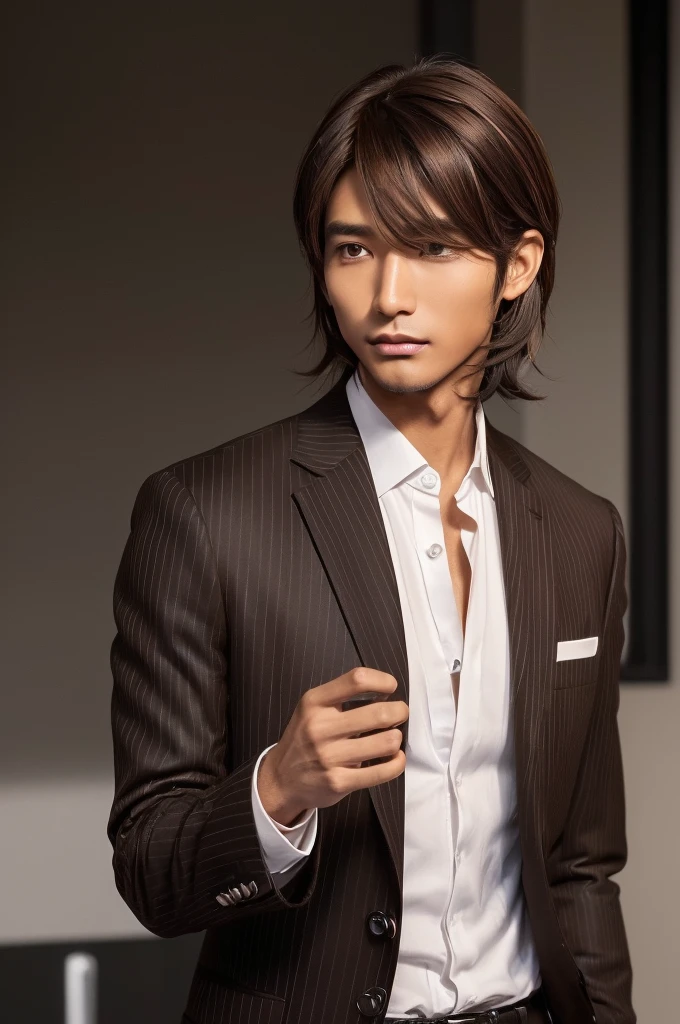 (((Brown skin))),(((male))),(((Brown Hair))),(((downturned eyeullet hairstyle))),dark-skinned male,(((slender face))),(((streaked hair))),(((hair between eyeafia))),(((black suit))),(((short hair))),(((独奏))),(Ōkurikara)