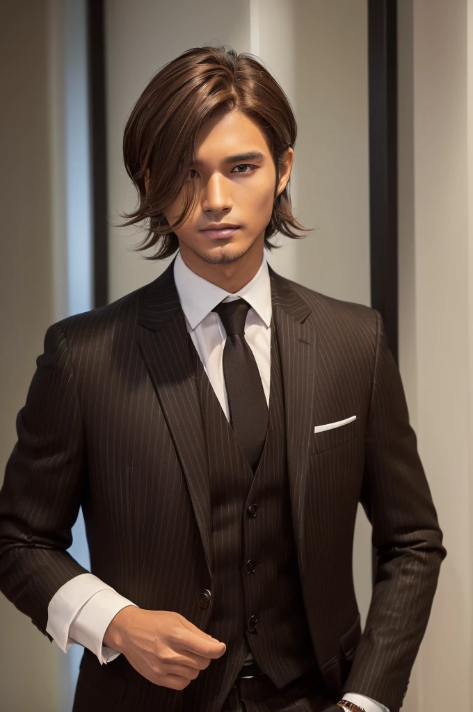 (((Brown skin))),(((male))),(((Brown Hair))),(((downturned eyeullet hairstyle))),dark-skinned male,(((slender face))),(((streaked hair))),(((hair between eyeafia))),(((black suit))),(((short hair))),(((独奏))),(Ōkurikara)