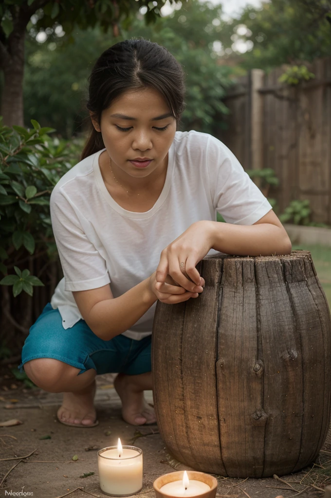 A Thai grandmother asked for lottery numbers from a gooseberry tree and applied powder to the trunk. There are clearly visible numbers, seven-color cloth, incense sticks and candles, realistic pictures, beliefs.