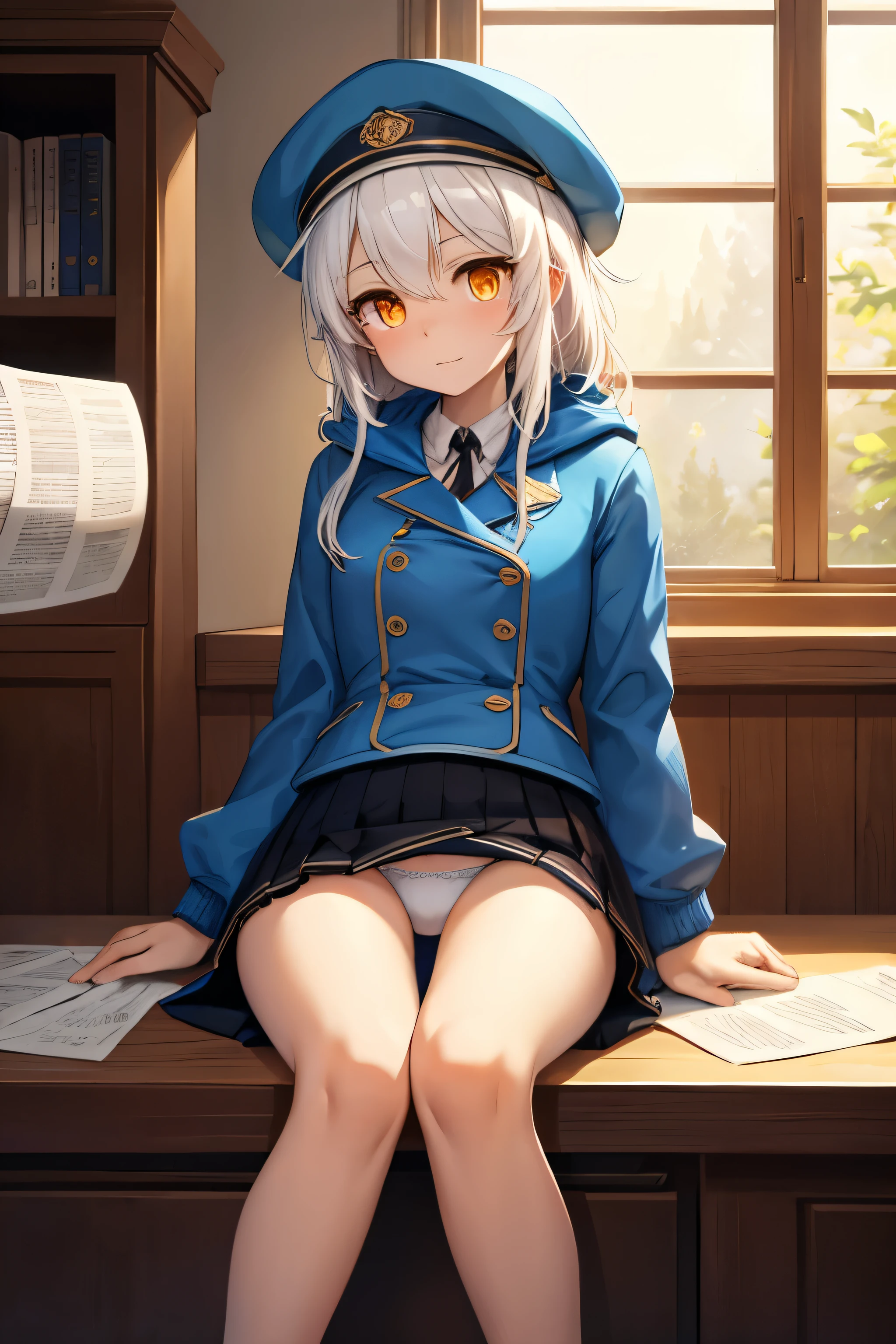 best quality, top quality, high quality, masterpiece, (warm colors, dim light), (1 girl, solo focus, cute girl), (cascading white hair, messy hair), highly detailed face and eyes, (orange eyes, amber eyes), (blue cap, blue coat, knee-length coat, black skirt, slightly open skirt, white panties) sitting, sitting at the counter, sitting at the table, (bureaucratic counter, papers lying on the table)