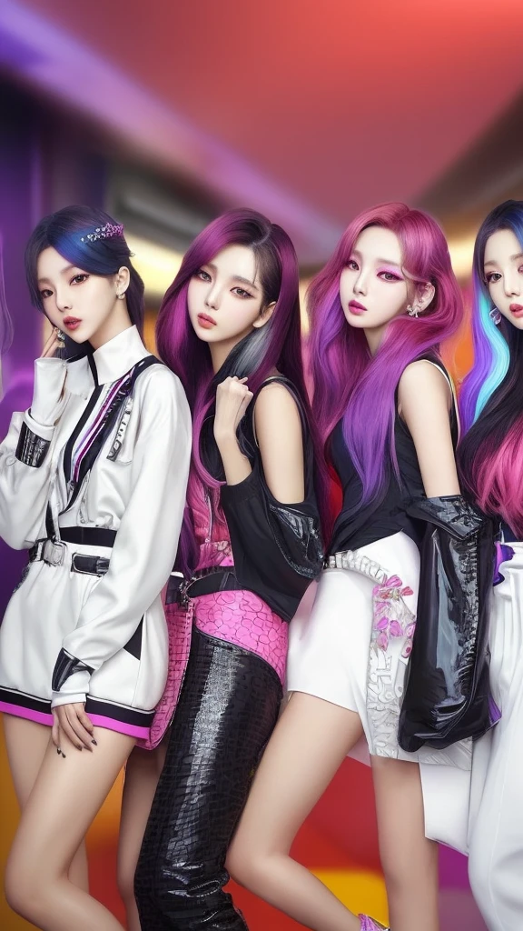 Create an image of a popular South Korean idol group consisting of four stunningly beautiful members. Each member should have distinct yet harmonious looks, showcasing elegance and charm. Their fashion should blend high-end couture with trendy, chic streetwear, featuring vibrant colors and sophisticated patterns. They should have stylish hairstyles ranging from sleek and straight to voluminous waves, with some members having unique hair colors or highlights. Their makeup should emphasize flawless skin, bold eyes, and glossy lips. The background should be a glamorous and dynamic urban setting, exuding a high-energy and fashionable vibe. The overall atmosphere should be confident, captivating, and glamorous, reflecting the essence of a top-tier K-pop idol group.So that your whole body can be seen.