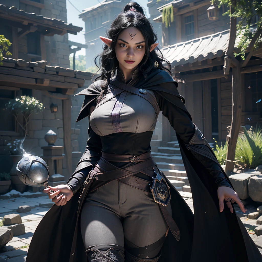 ((Best quality)), ((masterpiece)), (detailed: 1.4), 3D, (half-elf sorceress), (black hair, purple eyes:1.5, pale brown skin), (black robe, purple sleeves, grey pants, black boots and black armbands), (huge tits, big booty, short, curvy), (heavy gothic makeup), HDR (High Dynamic Range),Ray Tracing,NVIDIA RTX,Super-Resolution,Unreal 5,Subsurface dispersion, PBR texture, Post-processing, Anisotropic filtering, Depth of field, Maximum clarity and sharpness, Multilayer textures, Albedo and specular maps, Surface shading, Accurate simulation of light-material interaction, Perfect proportions, Octane Render, Two-tone lighting,Wide aperture,Low ISO,White balance,Rule of thirds,8K RAW,