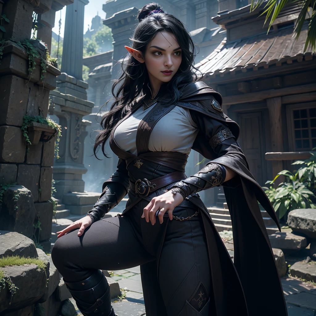 ((Best quality)), ((masterpiece)), (detailed: 1.4), 3D, (half-elf sorceress), (black hair, purple eyes:1.5, pale brown skin), (black robe, purple sleeves, grey pants, black boots and black armbands), (huge tits, big booty, short, curvy), (heavy gothic makeup), HDR (High Dynamic Range),Ray Tracing,NVIDIA RTX,Super-Resolution,Unreal 5,Subsurface dispersion, PBR texture, Post-processing, Anisotropic filtering, Depth of field, Maximum clarity and sharpness, Multilayer textures, Albedo and specular maps, Surface shading, Accurate simulation of light-material interaction, Perfect proportions, Octane Render, Two-tone lighting,Wide aperture,Low ISO,White balance,Rule of thirds,8K RAW,