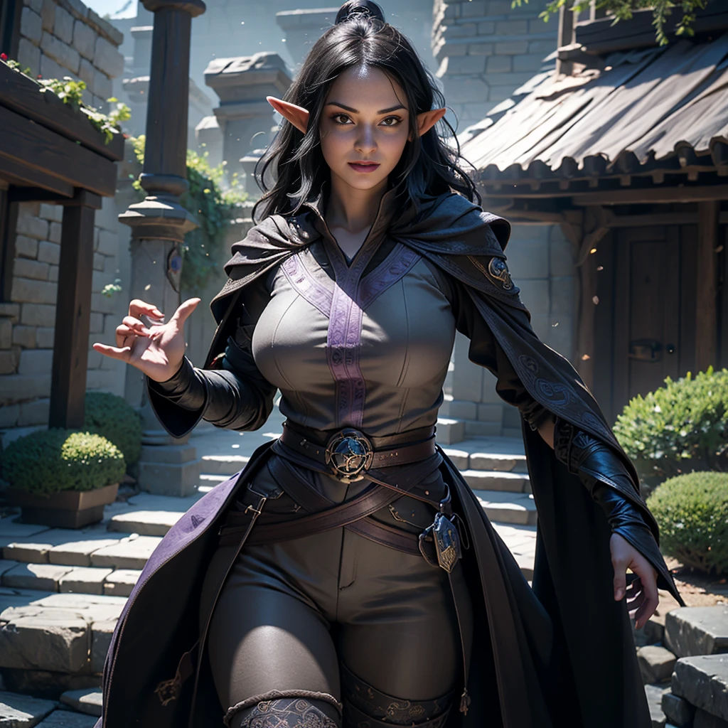 ((Best quality)), ((masterpiece)), (detailed: 1.4), 3D, (half-elf sorceress), (black hair, purple eyes:1.5, pale brown skin), (black robe, purple sleeves, grey pants, black boots and black armbands), (huge tits, big booty, short, curvy), (heavy gothic makeup), HDR (High Dynamic Range),Ray Tracing,NVIDIA RTX,Super-Resolution,Unreal 5,Subsurface dispersion, PBR texture, Post-processing, Anisotropic filtering, Depth of field, Maximum clarity and sharpness, Multilayer textures, Albedo and specular maps, Surface shading, Accurate simulation of light-material interaction, Perfect proportions, Octane Render, Two-tone lighting,Wide aperture,Low ISO,White balance,Rule of thirds,8K RAW,