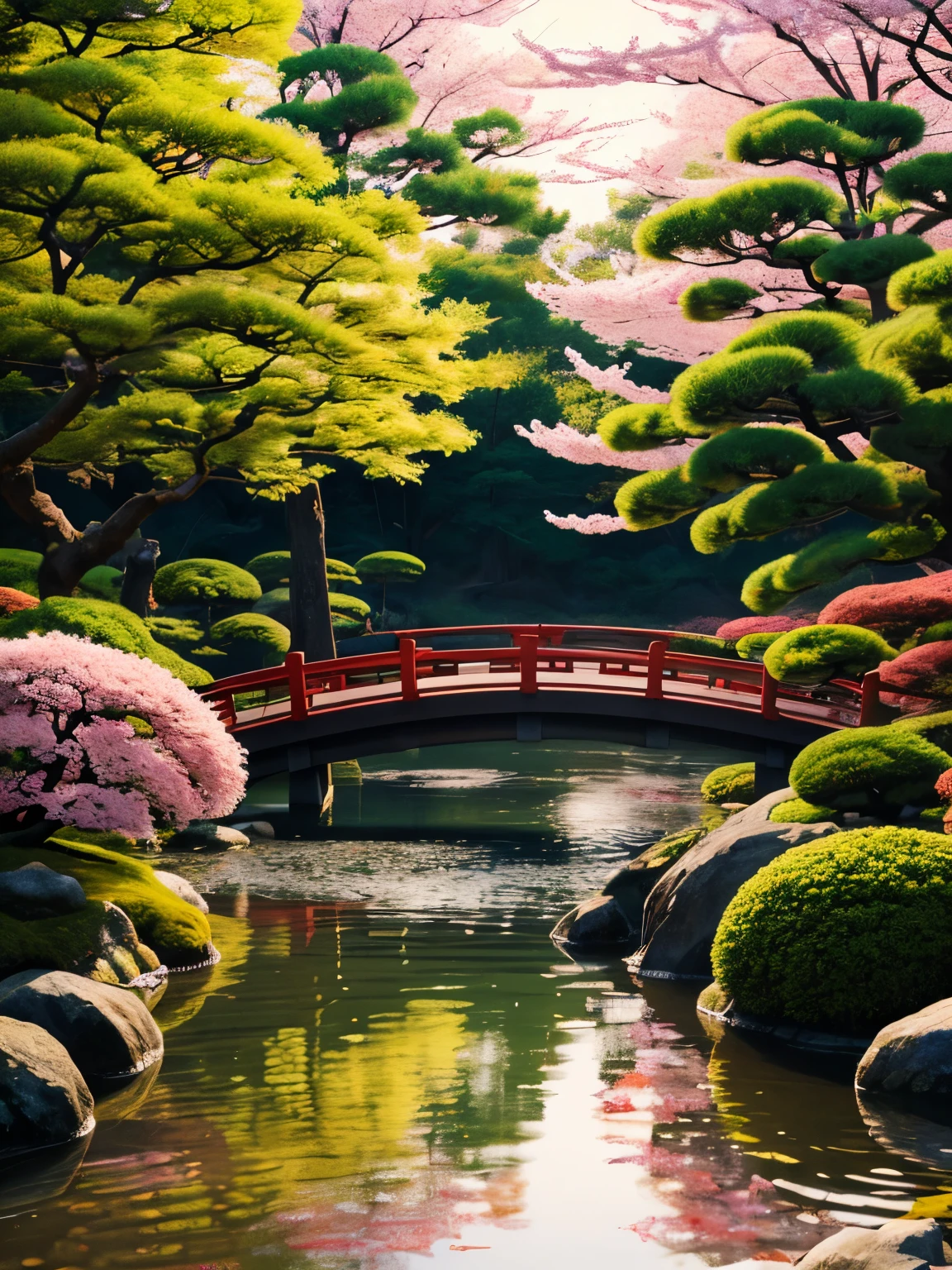 (digital painting),(best quality), serene Japanese garden, cherry blossoms in full bloom, koi pond, footbridge, pagoda, Ukiyo-e art style, Hokusai inspiration, Deviant Art popular, 8k ultra-realistic, pastel color scheme, soft lighting, golden hour, tranquil atmosphere, landscape orientation