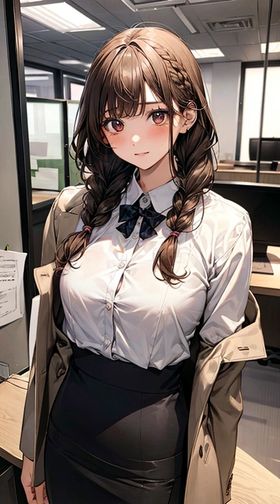 masterpiece, best quality, 1 girl, solo, teenager, large breasts, light brown eyes, bangs, brond hair, braids hair, office staff suit, jacket, pencil skirt, upper body, standing, office,nsfw:1.9, breasts out
