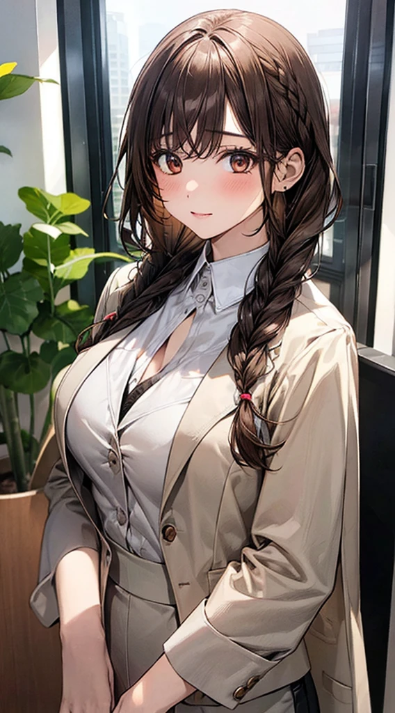 masterpiece, best quality, 1 girl, solo, teenager, large breasts, light brown eyes, bangs, brond hair, braids hair, office staff suit, jacket, pencil skirt, upper body, standing, office,nsfw:1.9, breasts out