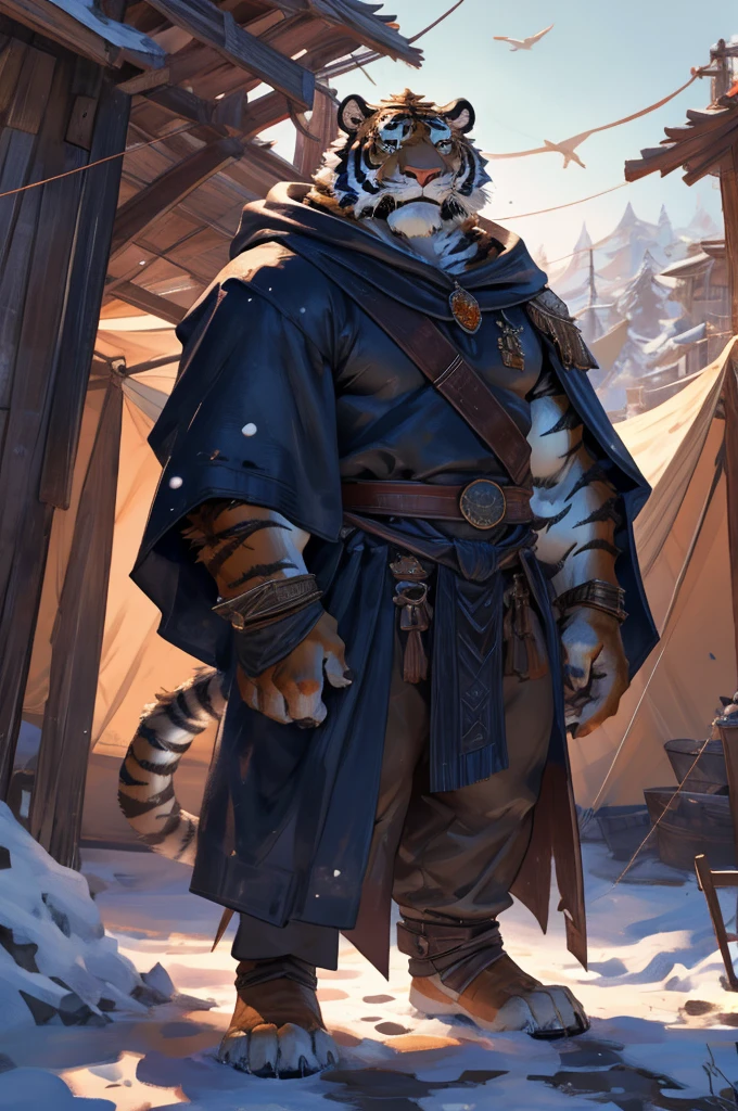 By taran fiddler, one male, solo, alone, tiger, looking at viewer, dad body type, one male tiger wearing a cloak, a cloaked tiger standing outside of a fabric tent, stern gaze on tiger, furrowed brows and serious expression, looking at viewer, going to open tent flap, outside of a tent, snowy background, dynamic angles, dynamic posing.