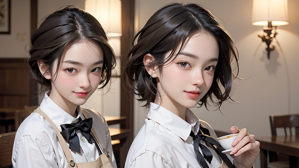 Cute 21 year old Japanese、apron、Black bow tie、Waiter、Cafe、Highly detailed face、Attention to detail、double eyelid、Beautiful thin nose、Sharp focus:1.2、beauty:1.4、(Light brown hair、short hair、)、Pure white skin、Highest quality、masterpiece、Ultra-high resolution、(Realistic:1.4)、Highly detailed and professional lighting、nice smile、Carrying a teacup、Please show me your whole body、