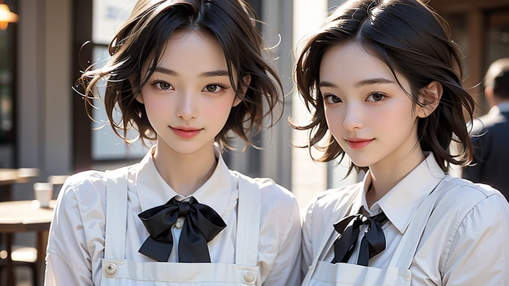 Cute 21 year old Japanese、apron、Black bow tie、Waiter、Cafe、Highly detailed face、Attention to detail、double eyelid、Beautiful thin nose、Sharp focus:1.2、beauty:1.4、(Light brown hair、short hair、)、Pure white skin、Highest quality、masterpiece、Ultra-high resolution、(Realistic:1.4)、Highly detailed and professional lighting、nice smile、Carrying a teacup、Please show me your whole body、