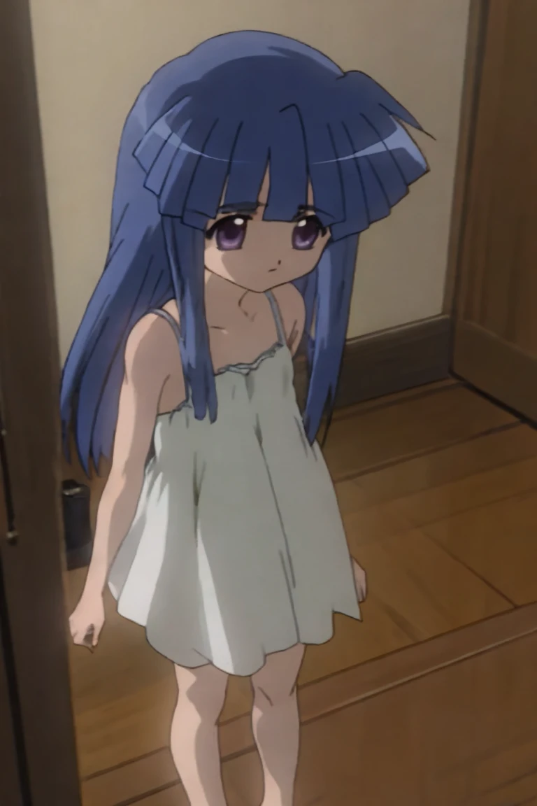 ((masterpiece, best quality)),high resolution,ultra detailed,8k,16k,detailed background, perfect lighting, 1girl,solo,look at viewer,furude rika,blue hair,purple eyes,very long hair,blunt bangs,green dress,cluster amaryllis,forrest,fox mask,