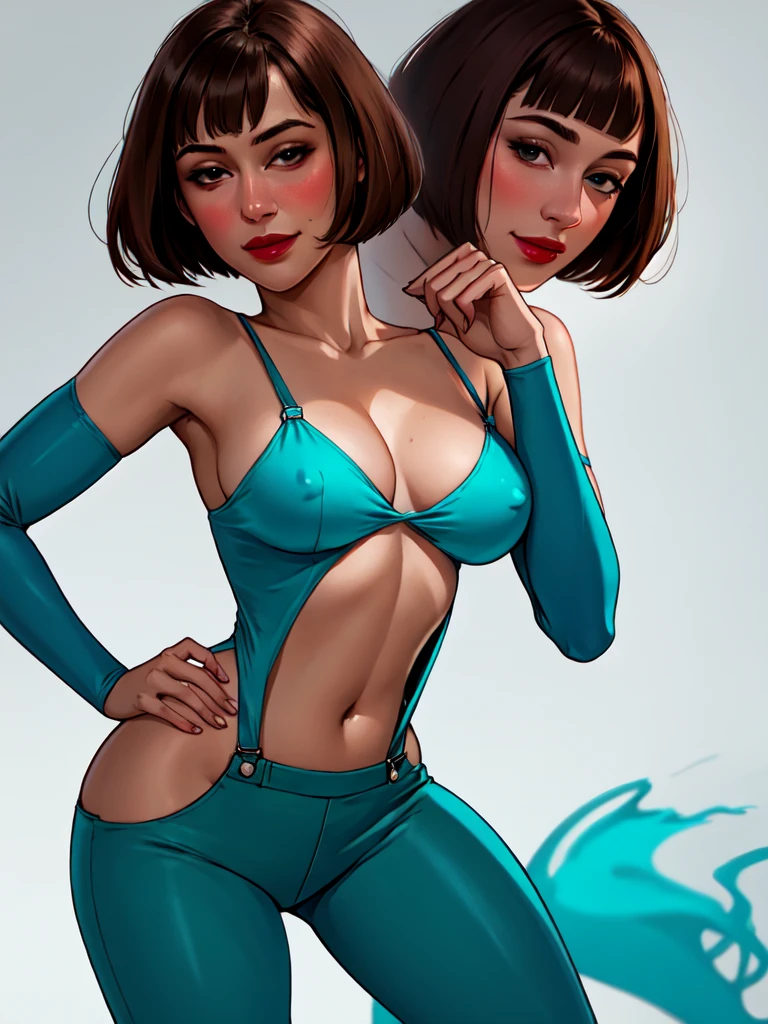Maddie Fenton,age:35,short Brown hair,short blunt hair,Brown hair,blunt bangs BREAK [September],
ripped turquoise jumpsuit,long sleeves,overalls overalls,torn overalls,Turquoise Leggings,teal thighhighs BREAK [September],
(luxurious, revealed cleavage,nude big breasts,navel,clavicle,covered nipples:1.1) BREAK [September],
(ambient lighting:1.1),(ultra realistic,32 thousand.,Raw photo:1.1),(highly detailed skin:1.1),8k contract,dslr BREAK [September],
high quality,Granularity,(shiny translucent clothing:1.1) BREAK [September],
full frame,seductive to look at the viewer,flirtatious smile,Hand under chin,naughty face,simple background,(insanely detailed,Best quality,masterpiece,Photorealistic:1.3),