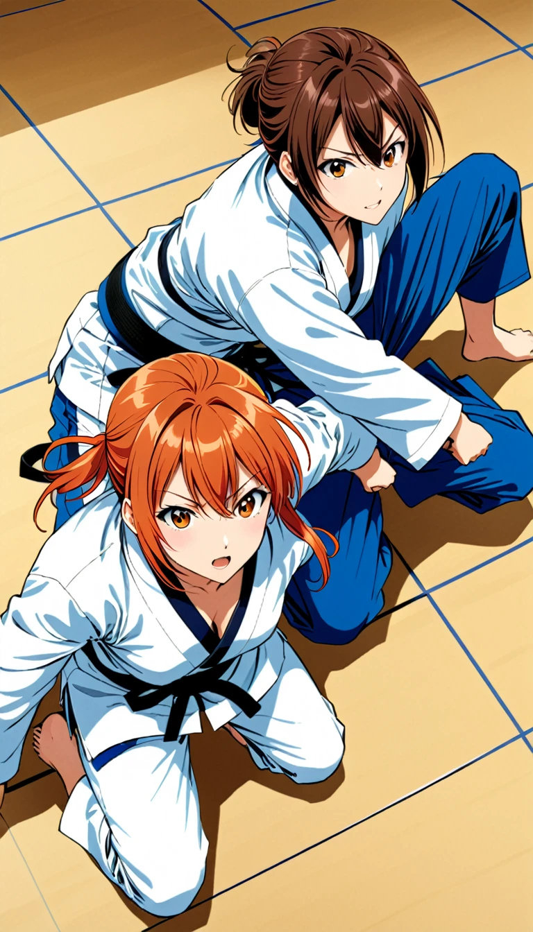 (in style of Takeshi Obata:1.3),
posing, dynamic action, expressive action,fighting,judo uniform girls,fullbody portrait of a girls, grapple on the floor