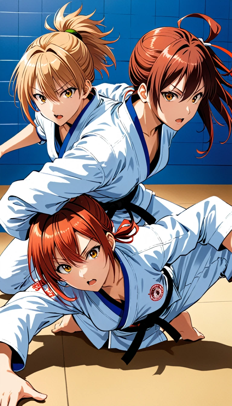 (in style of Takeshi Obata:1.3),
posing, dynamic action, expressive action,fighting,judo uniform girls,fullbody portrait of a girls, grapple on the floor
