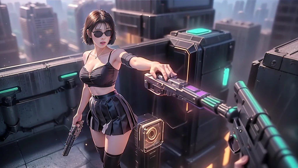 (aerial view). at night, futuristic sci-fi cyberpunk city, broad viaduct, skyscrapers at the end of the viaduct, the movie "13th Floor" style, hq. Matrix style, at night, (1girl, solo), photo realistic, (large-breast:1.2 slim body, cleavage:1.3), (((tube top, extreamly short pleated (((miniskirt))) exposing panty))), (((((matrix style black sunglasses))))), (((((aiming at camera with a (pistol)))))), (((half-body (thigh level) medium shot))), (cinematic lighting).