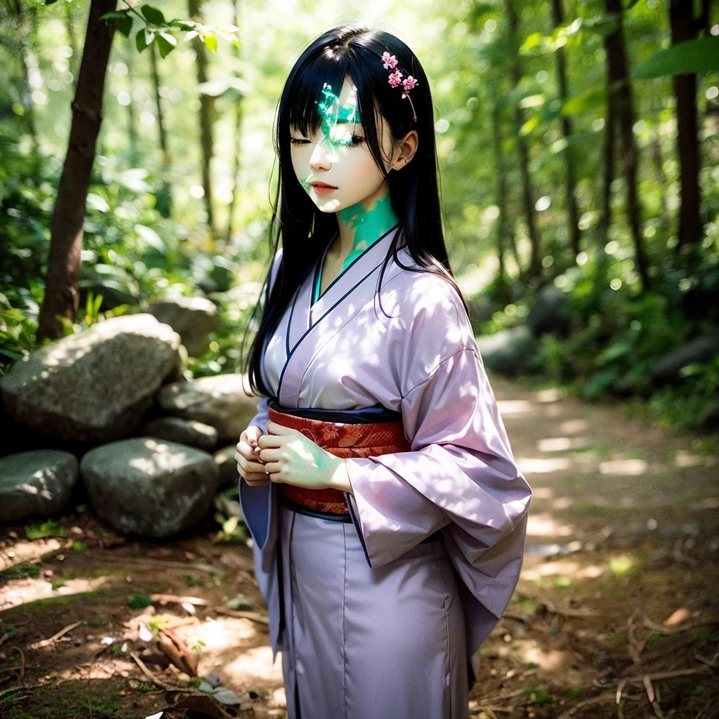 nature、in the forest、Girl、Black Hair、kimono、yukata、採Light、Light、Daytime、rock