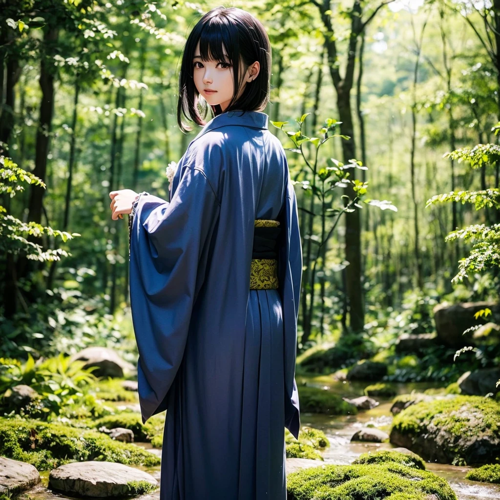 nature、in the forest、Girl、Black Hair、kimono、yukata、採Light、Light、Daytime、rock