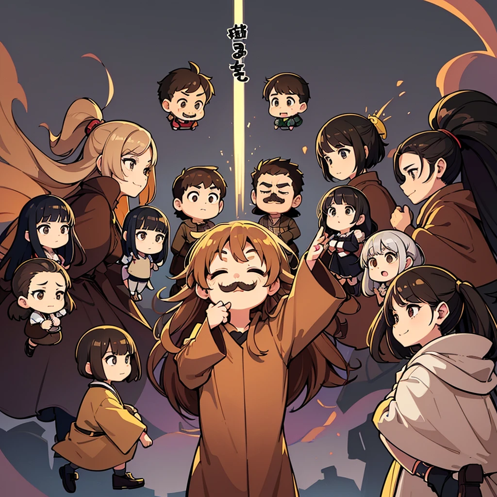 (Chibi Character)、(Full body character concept、Various poses、10 people)、Highest quality, Best Quality,Best illustrationiddle ages、(((Simple brown robe、Black shoes)))、(40-year-old uncle、mature、Kaiser moustache、Hair length to shoulders)、(Open your mouth、smile)、Dramatic Angle、Movement angle、(From the side、profile)、Run、dash