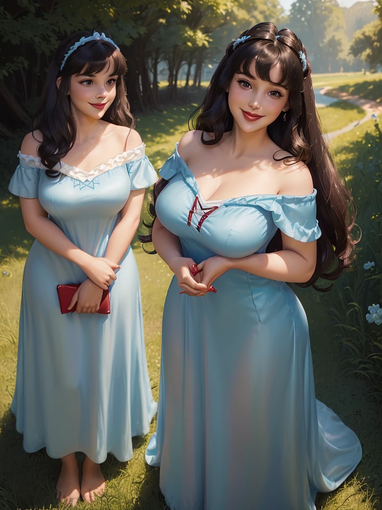 (((1 girl))) DisneyAurora, 27 years old, full body view Beautiful woman (((shoulder length wavy brunette hair, two side up with bangs))) defined body, voluptuous, sexy, Red lipstick, hands free, (((mouth slightly open, smiling))) (((standing facing camera))) ((( short sleeve, pale blue nightgown ))), in a sunlit grassy field (large_breasts:1.2) (curvy:1.1)(chubby:0.9)