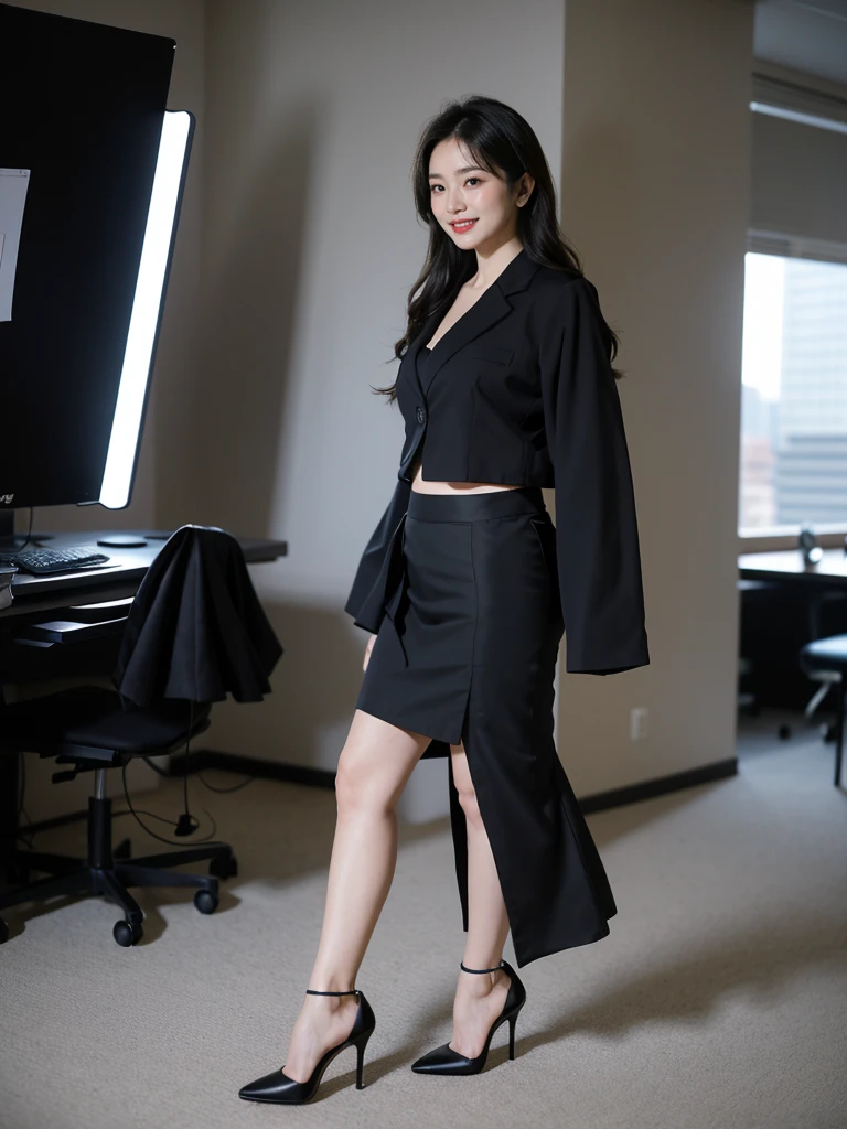 最high quality, 8K, Masseter area, Full of energy, Be focused, high quality, high resolution, Delicate face, Fine particles, thick lips, (Looking at the audience), solitary, Beautiful woman, 25 years old,Full figure， Plum, Black long hair,  (Business suit hip skirt:1.5)，In the office,（坐在In the office：1.5）、blur background，((Smile:1.5))、((Wearing black high heels))，High target