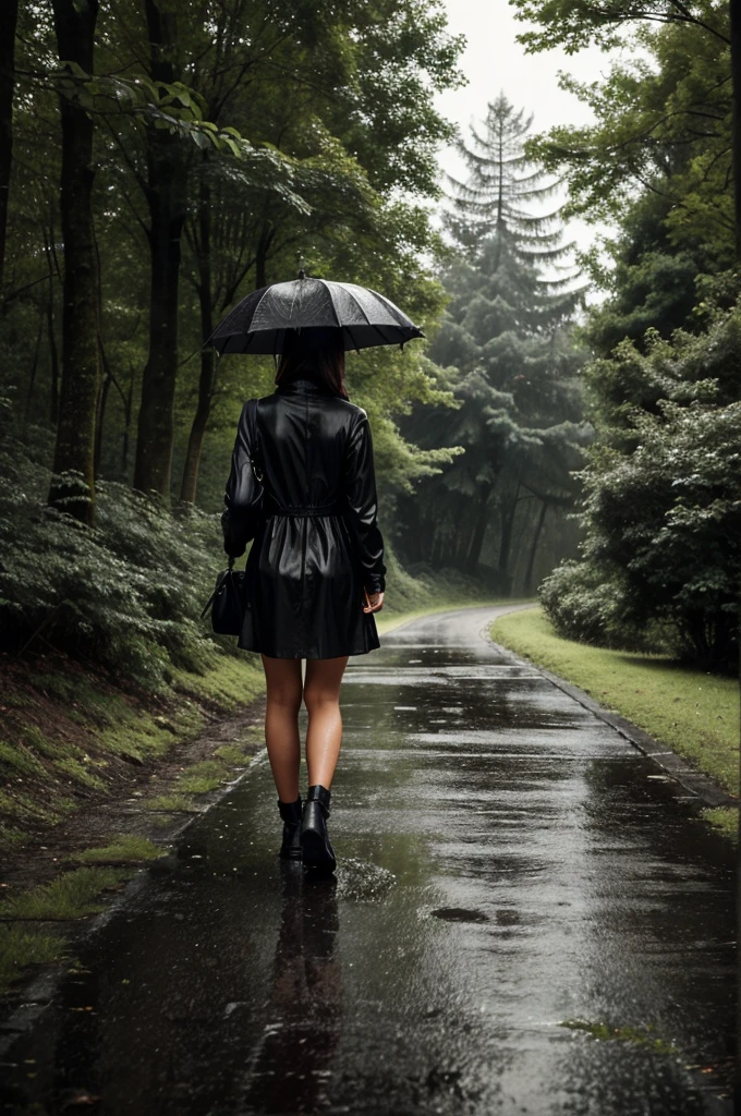 A girl walking on a lonely path in a dark rainy day. There are big trees on the side of the way. She is scared and anxious. Her dress is wet and dirty. Her umbrella is black. She has a bag.