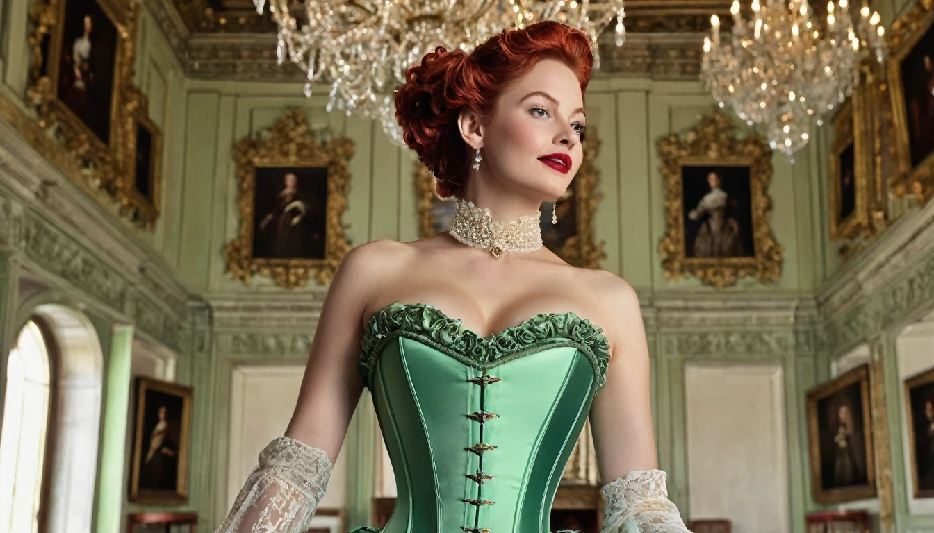 (best quality:10k, high res, masterpiece:1.2), ultra-detailed, (photo-realistic:1.37), ((best quality)), ((masterpiece)), (detailed), ((NSFW)), (( a refined aristocratic Lady from the Elizabethan era standing in a refined pose in a grand stately hall with vagina on display)), ((dignified and elegant)), ((enigmatic smile)), perfect eyes, ((beautiful high gloss shiny oiled skin)), ((Spectacular spearmint-green coloured satin Elizabethan era corset-bodice with no panties and vagina on display)), ((naked)) ((blushed red cheeks)), ((light red lips)), ((full-length body)), ((vagina on display)), ((Elizabethan era make-up)), photo-realistic high gloss skin tones, ((NSFW vagina on display)), from below, ((hair up in an ornate Elizabethan hairstyle)), ((naked vagina on display)),