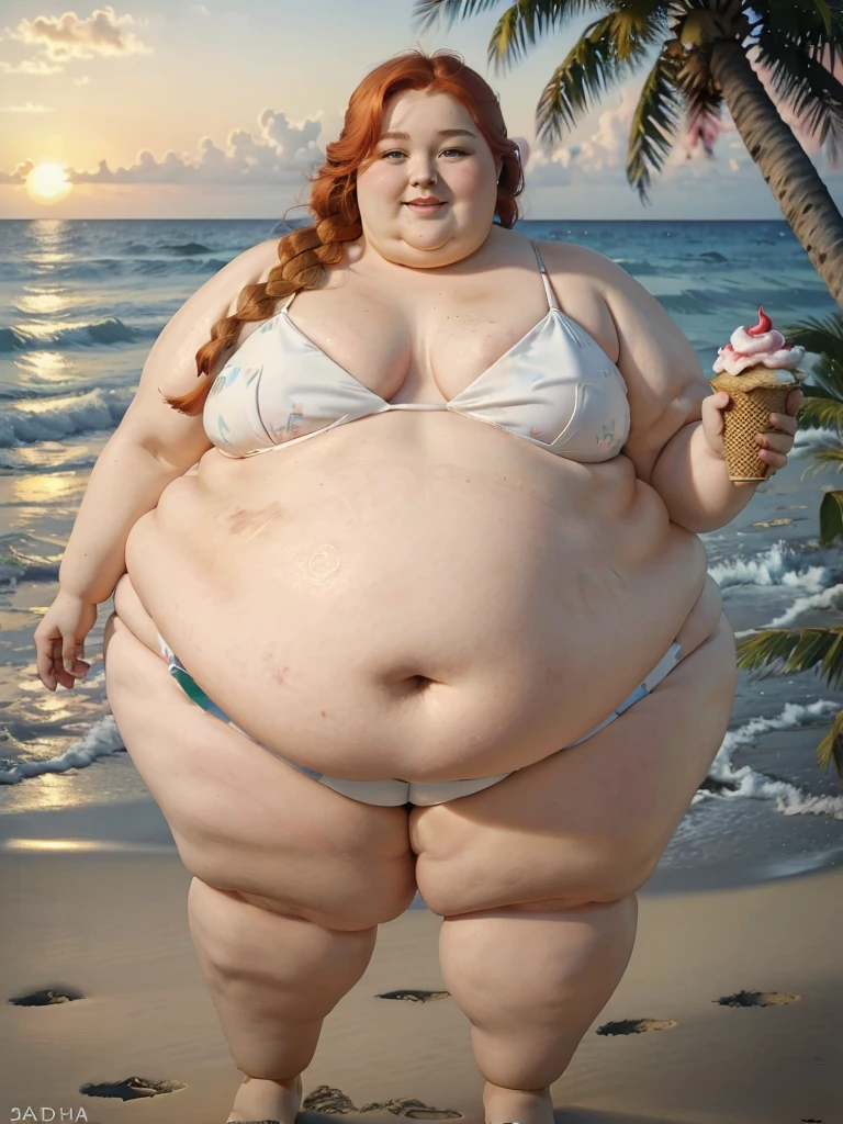 A beautiful tropical oasis beach photo of a young happy cute beautiful redhead pear-bodyshaped ssbbw with long single-braided hair soft fat belly, cute double-chin, very wide fat obese hips, very obese legs, thick fat wide legs and fat arms, cute pretty face, small breasts, blue eyes, freckles, in a bikini, holding a huge Ice Cream, on a beautiful beach full of palm trees at sunset