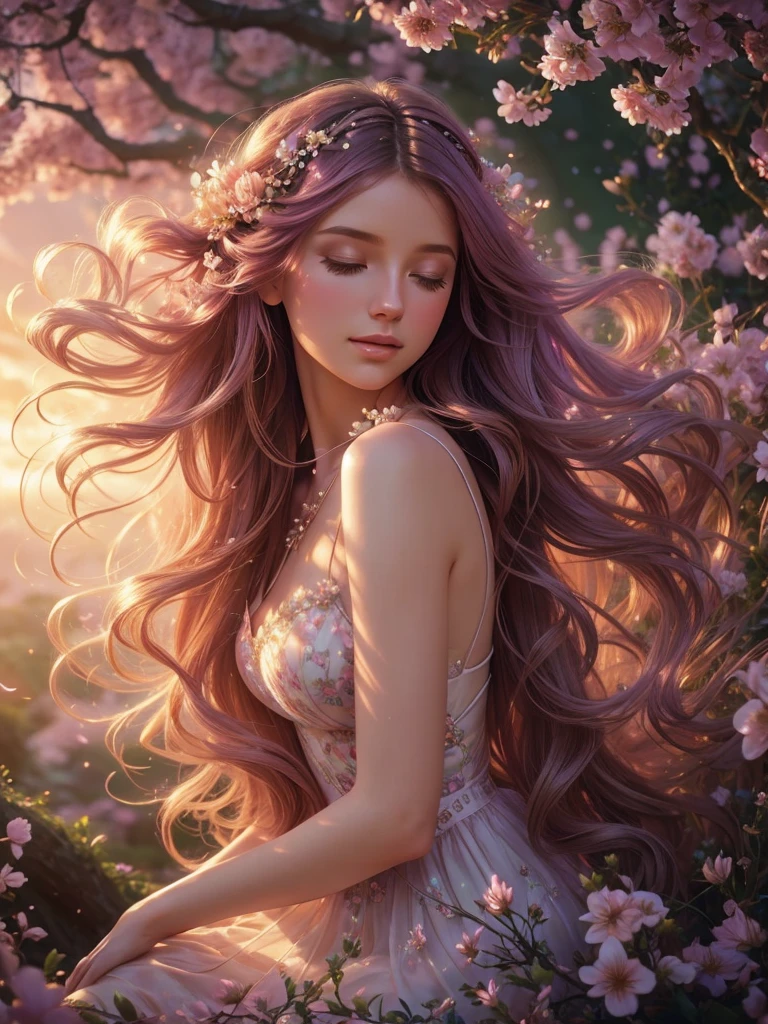 soft lighting, dreamy atmosphere, ethereal aesthetic, fantasy theme, nature elements, floral background, delicate details, flowing hair, whimsical pose, vibrant colors, close up
