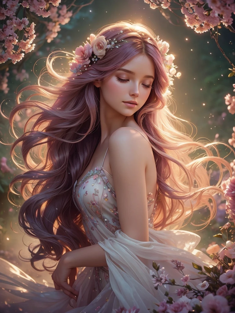 soft lighting, dreamy atmosphere, ethereal aesthetic, fantasy theme, nature elements, floral background, delicate details, flowing hair, whimsical pose, vibrant colors, close up