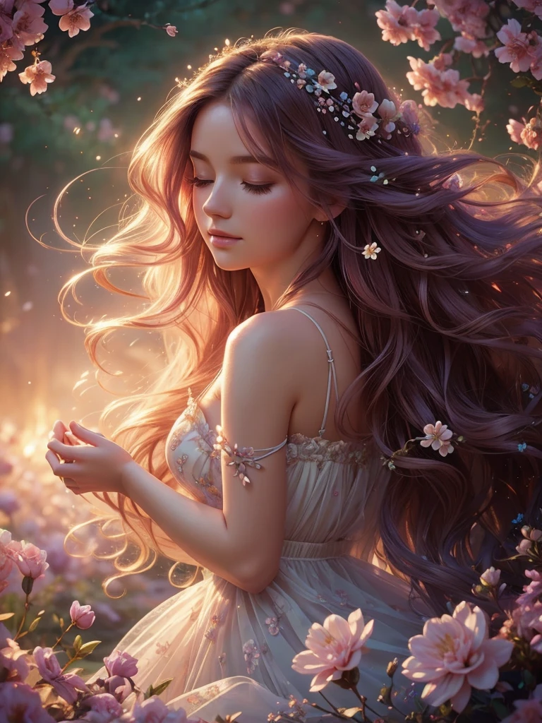 soft lighting, dreamy atmosphere, ethereal aesthetic, fantasy theme, nature elements, floral background, delicate details, flowing hair, whimsical pose, vibrant colors, close up