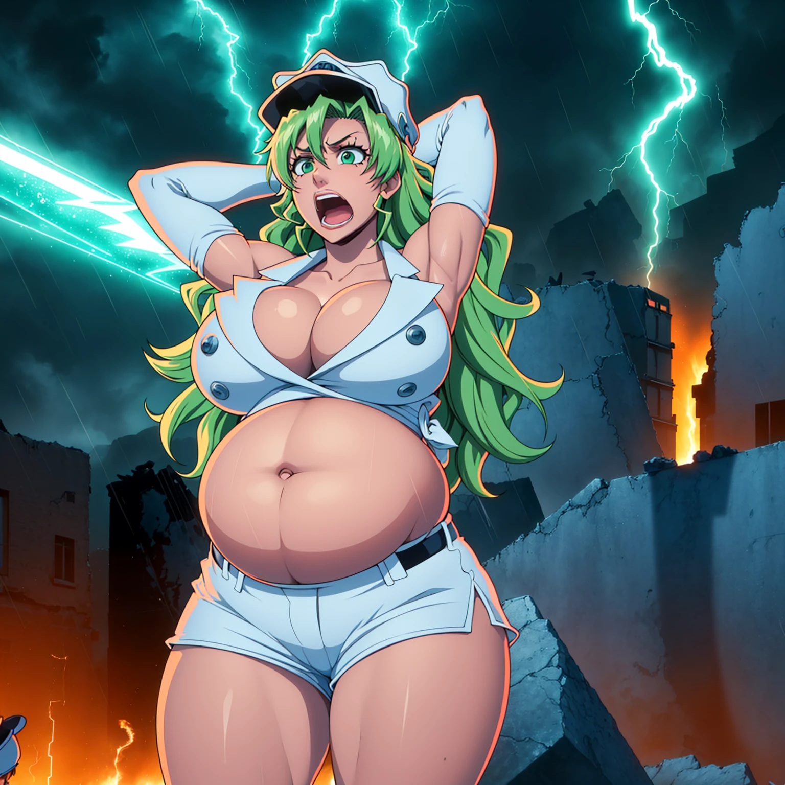Masterpiece, Best Quality, candice, 1girl, solo, long hair, huge breasts, big breasts, gloves, white hat, cleavage, green eyes, green hair, shorts, elbow gloves, Peak hat, The Burned City, lightning, raining, Rain, ((big belly, massive belly, giant belly)), shocked, open mouth, (hands behind head:1.4), (solo:1.5)
