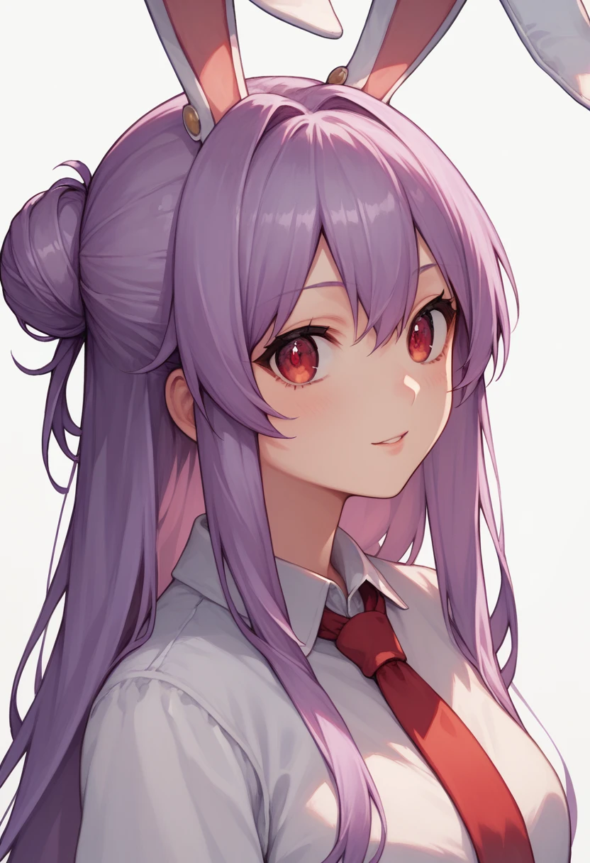 score_9, score_8_up, score_8, score_9, 1 girl,  source_anime,  reisen udongein inaba, purple hair, red eyes, rabbit ears, rabbit girl, long hair, portrait, white shirt, red necktie, bun hairstyle