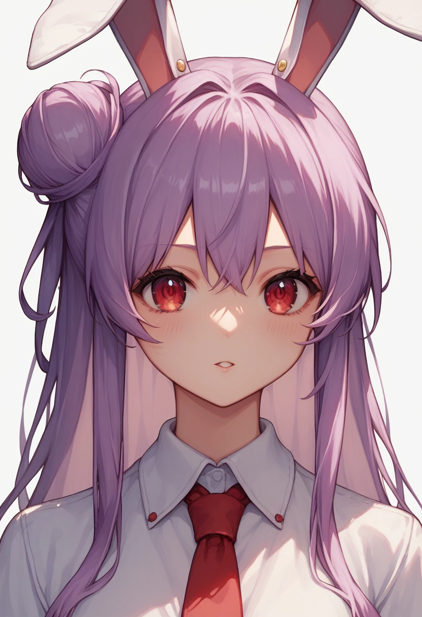 score_9, score_8_up, score_8, score_9, 1 girl,  source_anime,  reisen udongein inaba, purple hair, red eyes, rabbit ears, rabbit girl, long hair, portrait, white shirt, red necktie, bun hairstyle