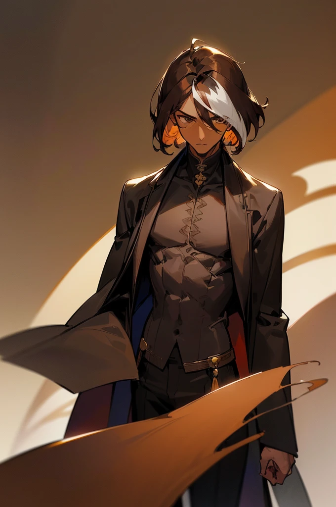 (((Brown skin))),(((male))),(((Brown Hair))),(((downturned eyeullet hairstyle))),dark-skinned male,(((slender face))),(((streaked hair))),(((hair between eyeafia))),(((black suit))),(((short hair))),(((独奏))),(Ōkurikara)