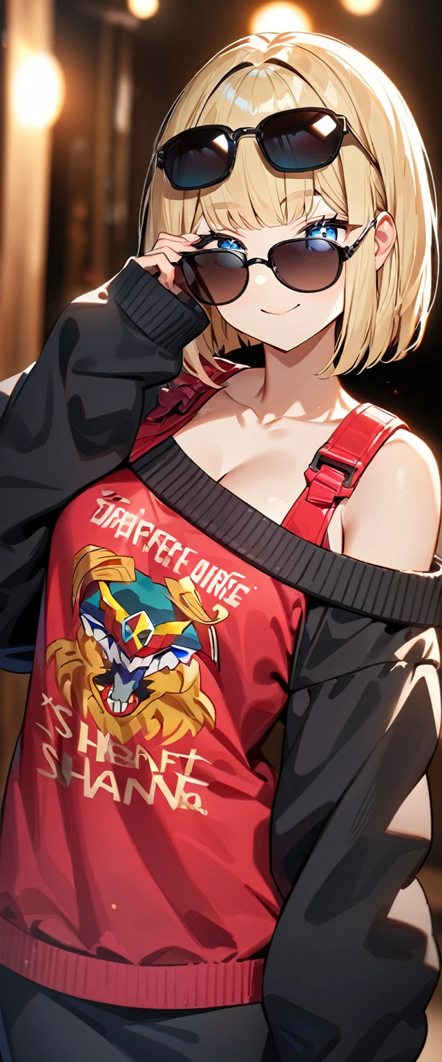 (((One girl))), blond hair, ((sunglasses, hand to sunglasses)), ((one hand on hip)), (bob cut:1.3)), breasts, cleavage, (cowboy shot), standard body, (looking at viewer), oversized clothes, puffy long sleeves, collarbone, ((off-shoulder sweater dress:1.3, Quite thick shoulder straps)), (((sleeves past wrists:1.3))), ((black sweater)), ((aran sweater)), ager, head tilt:1.3, (((blue eye))), ((happy smile)), (((anime style))), (best quality, 4k, 8k, highres, masterpiece:1.2, ultra-detailed, ultra-detailed eyes, HDR, UHD, studio lighting, ultra-fine painting, sharp focus, physically-based rendering, extreme detail description, professional, vivid colors, bokeh), ((Highest quality, Best image quality, Ultra-high resolution, Ultra-high resolution, solo, Strong eye highlights)), Depth of written boundary, Natural soft light, attractive, Beautiful Face, Cleanliness, Pure Face, nedium chest, Beautiful Face, Perfect Fingers, Perfect hands, Perfect body, Perfect Face, Shine a light into your eyes, Perfect Anatomy
